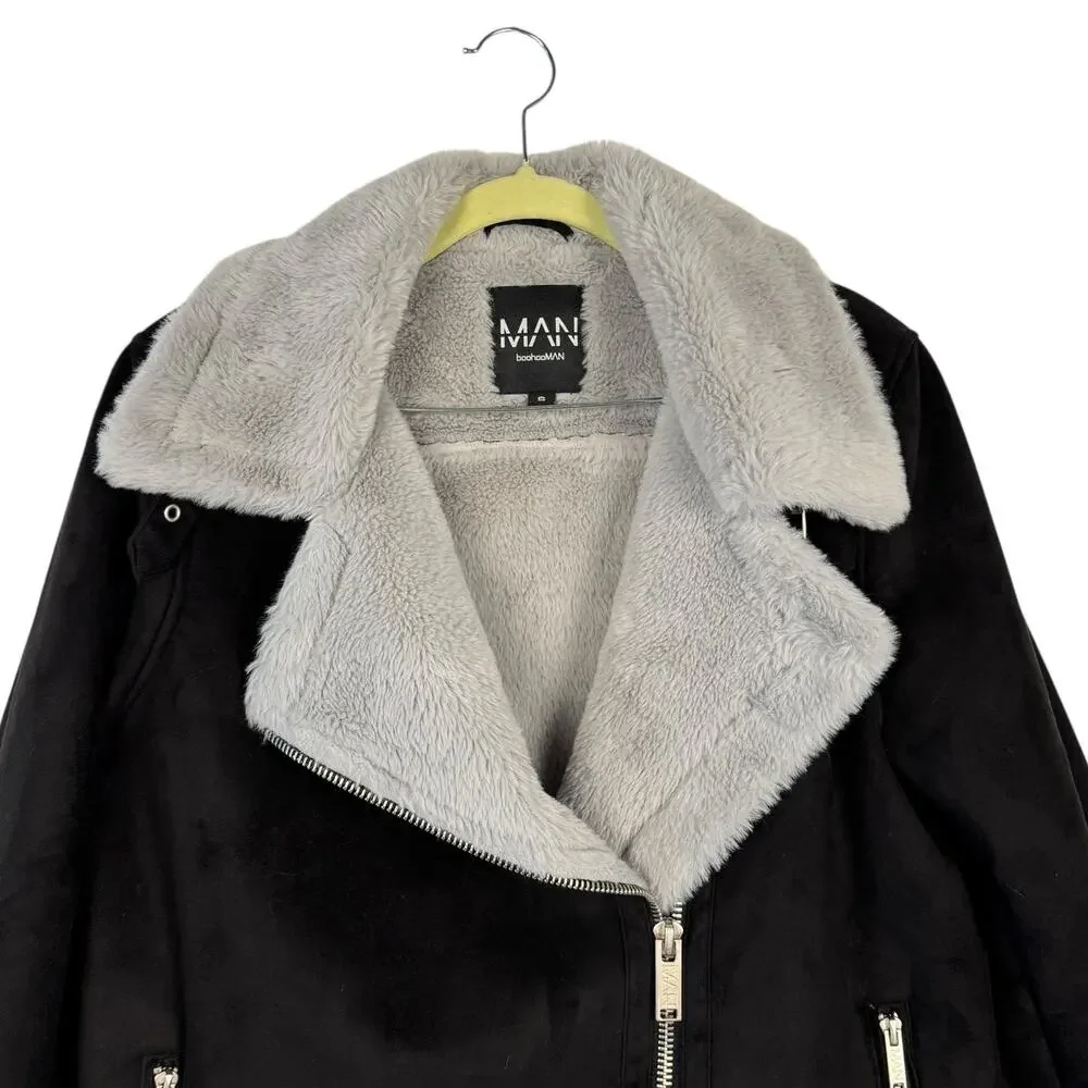 Boohoo Man Black Full Zip Suede Moto Biker Jacket Faux Fur Coat Small Soft Comfy